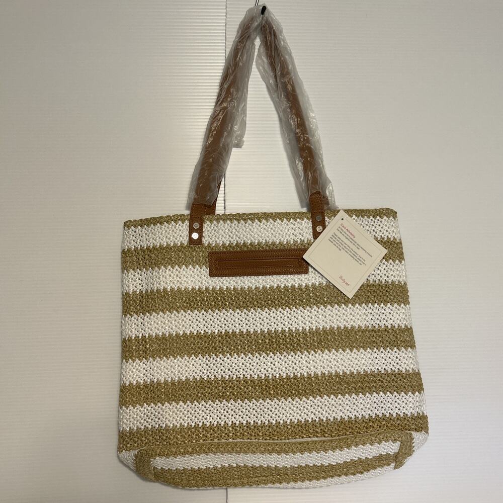 Thirty-One White Tan Striped Straw Rubie Around Town Tote NWT Large Open Bag